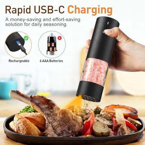 Rechargeable Electric Salt and Pepper Grinder Set, Automatic Salt and Pepper Shakers, Adjustable Coarseness Pepper Grinder with Led Kitchen and Home Appliances Gifts for Women(Blackblack) - Image 2