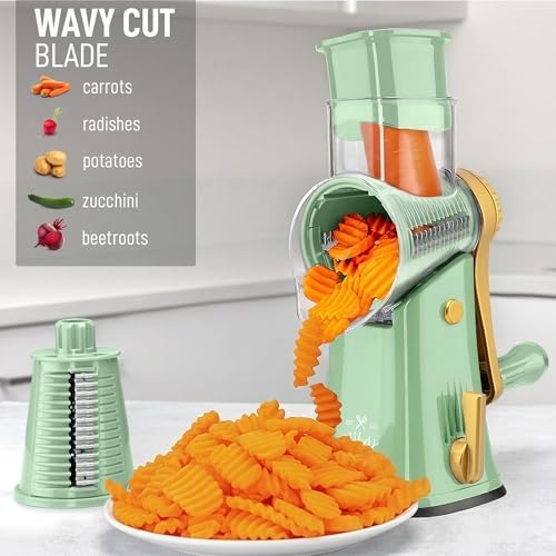 Rotary Cheese Grater Manual Hand Crank 5 Blade Shredder, Sea Foam & Gold - Image 4