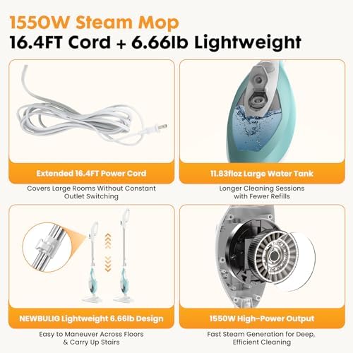 NEWBULIG 14-in-1 Steam Mop, Powerful Detachable Handheld Steam Cleaner for Floor Cleaning with 2 Washable Pads, 16.4 FT Cord, Multi-Purpose Floor Steamer for Hardwood, Clothes, Carpet, Tile, Grout - Image 4