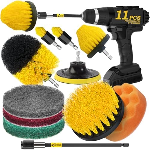 Holikme 11 Piece Drill Brush Attachment Set Scouring Pads Power Scrubber Brush Scrub Pads for Bathroom Surfaces, Floor, Tub, Shower, Grout, Tile, Corners,Cleaning Brush by Holikme