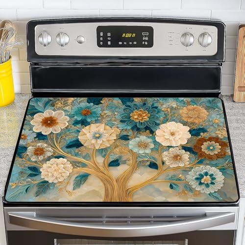 NYZE Stove Top Cover for Electric Stove 28x20 Inch Silicone Stove Topper & Protector, Decorative Kitchen Mat for Electric/Glass Stove Top (Cream & Gold Floral Tree) by GIVEYOUTHEBEST