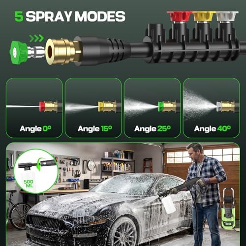 2026 New 5000 PSI Electirc Pressure Washer with 3 Levels Adjustable Pressure Gun, 4 Nozzles and Foam Cannon, Heavy Duty Power Washer for Home/Car/Fence/Garden, 20FT Hose+35FT Cord, Green - Image 6