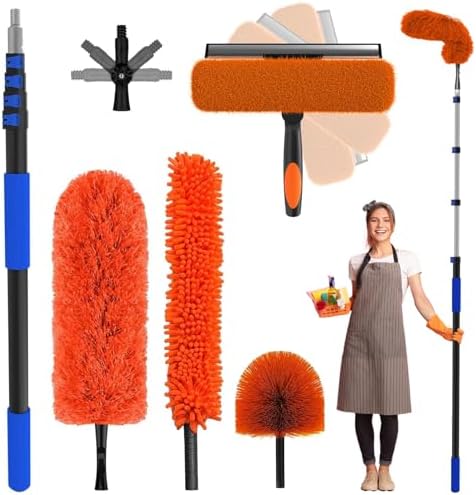 26 Foot High Reach Duster Kit with 5-20 ft Telescoping Extension Pole, High Ceiling Duster, Cobweb Duster, Window Squeegee, Feather Duster, Outdoor & Indoor Extendable Duster Cleaning Kit by SKGPOLE