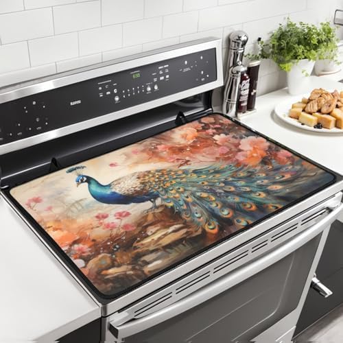 Vintage Blue Peacock Floral Stove Top Cover for Electric Stoves by Unknown