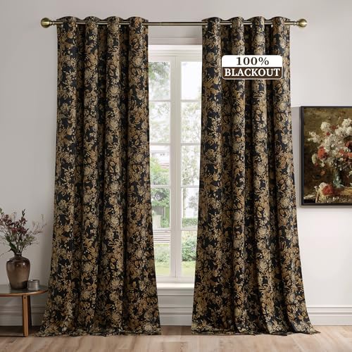 StangH Gold 100% Blackout Floral Velvet Curtains 108 Inch 2 Panels by StangH