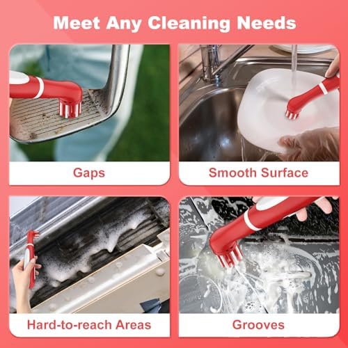 Rechargeable Electric Cleaning Brush with 4 in 1 Multiple Brush Heads and USB Cable, Indoor Household Cordless Motorized Brush for Bathroom Toilet Kitchen Tile Crevice (White & Red) - Image 6