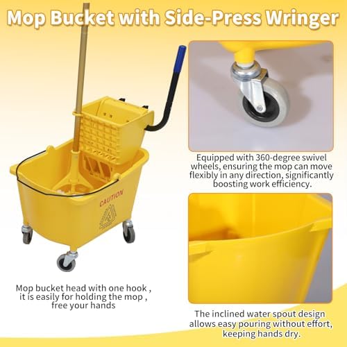 Commercial Mop Bucket with Side-Press Wringer for Floor Cleaning, 35 Quarts, Yellow, Including One Commercial Mop - Image 5
