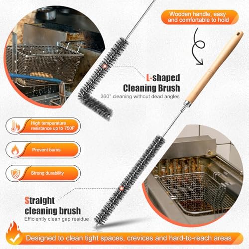 Fryer Cleaning Tool 5 Piece Set, Deep Fryer Basket Brush, Long Handle L-Shaped & Straight Crevice Cleaning Brush, Cleanout Rod Kit and V-Shaped Strainer Scoop for Restaurant, Kitchen Maintenance - Image 4