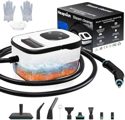 Heapsion Steam Cleaner, Steamer for Cleaning with 15s Fast Heat-Up, 6 Adjustable Levels, 12-Piece Accessories, 1500W Portable Steam Cleaner for Grout, Tiles, Kitchen, Car Detailing, Black and White by Heapsion