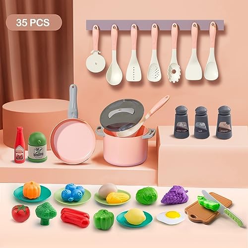 35Pcs Kids Kitchen Toy Accessories, Toddler Pretend Cooking Playset with Play Pots, Pans, Utensils, Cookware, Play Food Set, Toy Vegetables, Learning Gift for Girls & Boys (Pink) - Image 2
