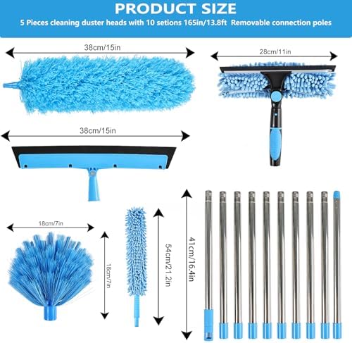 High Reach Duster Kit with14 ft Extension Pole High Ceiling Dusting and Window Cleaning Kit with Spliceable Pole - Cobweb Duster, Fan Blade, Window Washer & Squeegee and Feather Dusters - Image 2