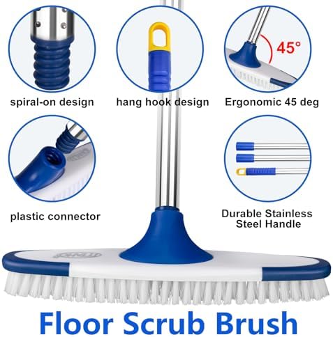 Floor Scrub Brush with Long Handle - 53" Deck & Grout Cleaner Brush Set for Tile, Marble, Stone, Bathroom, Patio, Garage, Deck & Floor Cleaning - Image 3