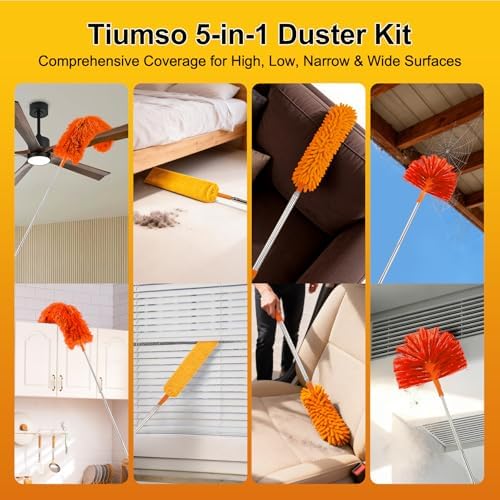 Tiumso 5-in-1 Duster with Extension Pole 100” Extendable Dusters for Cleaning Reusable Anti-Spin Dusting Kits for High Ceiling Fans, Cobwebs & Vents, Reinforced Stainless Steel Telescopic Handle - Image 7