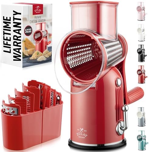Zulay Kitchen Rotary Cheese Grater 5 Blade Cheese Shredder - Manual Hand Crank Cheese Grater With Reinforced Suction & 5 Interchangeable Drums - Easy to Use, Vegetable Chopper Round Mandoline Slicer by ZulayKitchen