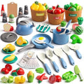 90Pcs Kitchen Playset Accessories, Pretend Cooking with Pots, Pans, Cookware, Food, Fruit, Veges, Color Sorting Baskets, Prop Money, Learning Gift for Girls Boys Toddlers (Blue) by JOKERKING