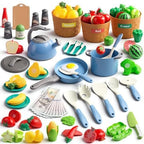 90Pcs Kitchen Playset Accessories, Pretend Cooking with Pots, Pans, Cookware, Food, Fruit, Veges, Color Sorting Baskets, Prop Money, Learning Gift for Girls Boys Toddlers (Blue) by JOKERKING