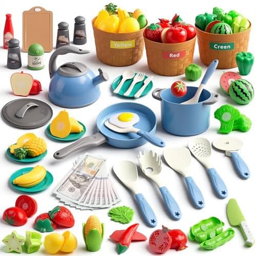 90Pcs Kitchen Playset Accessories, Pretend Cooking with Pots, Pans, Cookware, Food, Fruit, Veges, Color Sorting Baskets, Prop Money, Learning Gift for Girls Boys Toddlers (Blue) by JOKERKING