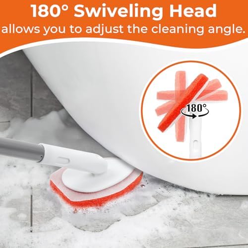Bathtub Scrubber with Long Handle - Shower Scrub Brush with 8 Replacement Scouring Pads, Bathroom Cleaning Brush for Tub, Tile, Floor - Image 4