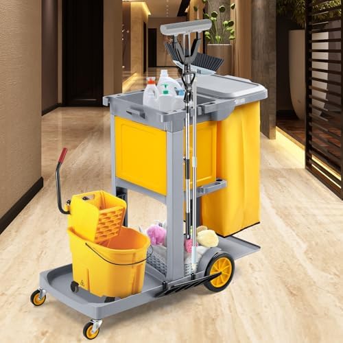 TUFFIOM Multifunctional Janitorial Cart with Key-Locking Cabinet,Cleaning Carts on Wheels,with 15 Gallon Collection Bag,500 lbs Capacity, Yellow&Gray - Image 3