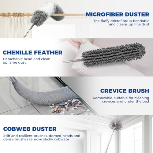 9Pcs Dusters for Cleaning Kit, Extendable Microfiber Duster Tools with 100" Long Pole, Retractable Gap Bendable Dust Cleaner, Reusable Washable Cleaning Supplie for Ceiling Fan Furniture Cars and Home - Image 4