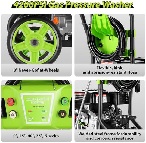 4200PSI Gas Pressure Washer 4.0GPM Gas Power Washer 209CC Gas Powered Washing Machine Commercial High Pressure Washer with 25ft Hose&5 Nozzles for Patio Garden Yard Vehicle,EPA/CARB/ETL - Image 4