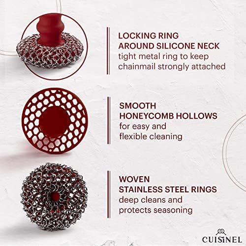 Cast Iron Chainmail Scrubber + Pan Scraper - Ergonomic Stainless and Silicone Cleaner for Pots and Skillets - Premium Food-Safe Design - Easy to Clean Dishwasher Safe Cookware Sponge Kitchen Accessory - Image 5
