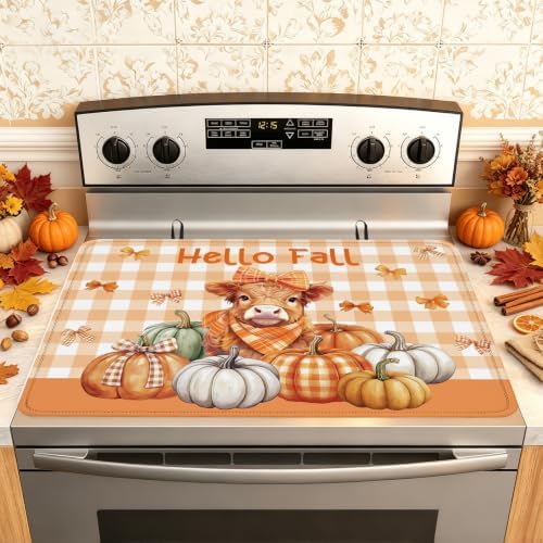 Hello Fall Highland Cow Stove Top Cover for Electric Stove 28" x 20", Pumpkin Glass Cooktop Protector, Non-Slip Rubber Glass Top Stove Cover, Farmhouse Thanksgiving Kitchen Decor by Unknown