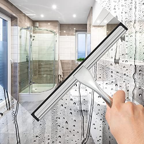 All-Purpose Stainless Steel Shower Squeegee for Shower Glass Door with 2 Adhesive Hooks, Bathroom Cleaner Tool Household Window Mirror Squeegee for Glass Doors, Cleaning Tile Wall, Car, 14 Inch Silver - Image 3