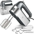 Hand Mixer Electric, 450W Kitchen Mixers with Scale Cup Storage Case, Turbo Boost/Self-Control Speed + 5 Speed + Eject Button + 5 Stainless Steel Accessories, For Easy Whipping Dough, Cream, Gray by LILPARTNER