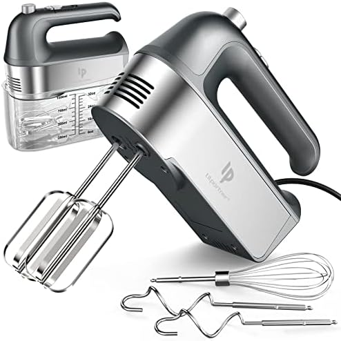 Hand Mixer Electric, 450W Kitchen Mixers with Scale Cup Storage Case, Turbo Boost/Self-Control Speed + 5 Speed + Eject Button + 5 Stainless Steel Accessories, For Easy Whipping Dough, Cream, Gray by LILPARTNER
