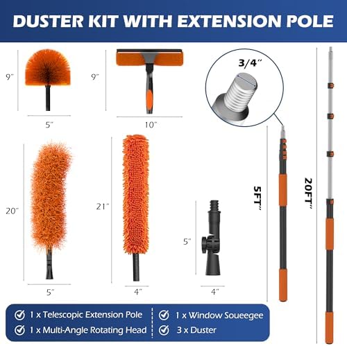26FT High Reach Duster Kits with 5-20FT Extension Pole, Cobweb Duster with Telescoping Pole, Washable Ceiling Fan Cleaner & Window Squeegee for Glass Surfaces & High Roof - Image 2