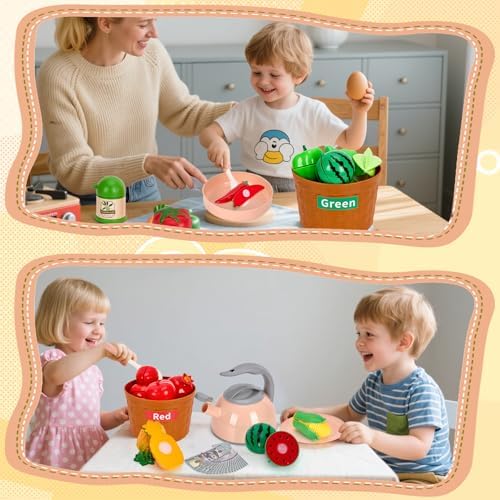 90Pcs Kitchen Playset Accessories, Pretend Cooking with Pots, Pans, Cookware, Food, Fruit, Veges, Color Sorting Baskets, Prop Money, Learning Gift for Girls Boys Toddlers (Pink) - Image 6
