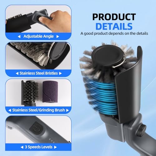 Upgraded Electric Grill Brush, Cordless Rechargeable Grill Cleaning Brush with Adjustable Angle, Stainless Steel Brush Head, 3-Speed Power, 90-Min Runtime, Waterproof Cleaner for BBQ Grates (Gray) - Image 4