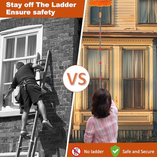 20+ Feet High Reach Duster Kit with 3-14 ft Extension Pole // High Ceiling Dusting and Window Cleaning Kit with Spliceable Pole - Window Washer & Squeegee, Cobweb Duster, Fan Blade and Feather Dusters - Image 4