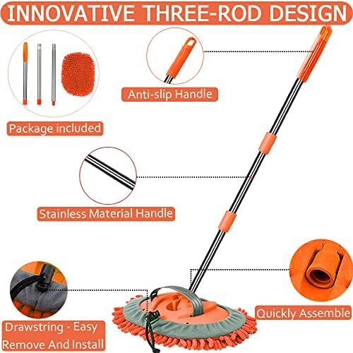 WillingHeart 47.5" Car Wash Brush Mop Cleaning Tool with Long Handle Kit for Washing Detailing Cars Truck, SUV, RV, Trailer, Boat 2 in 1 Chenille Microfiber Sponge Duster Not Hurt Paint Scratch Free - Image 4