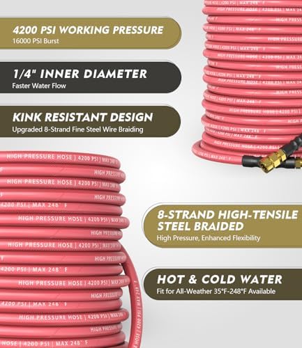 QC Installed Pressure Washer Hose 50 ft, 4200 PSI Flexible & Kink-Resistant, Steel-Braided & Durable, Power Washer Hose with 3/8" 360° Swivel Quick Connect, Hot/Cold Water Compatible, Red - Image 2