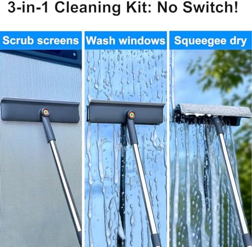 3-in-1 Window Squeegee for Home - 60" Window Cleaning Kit with 3 Microfiber Cloths & Screen Brush, All-in-1 Cleaner Tool for Outdoor Windows, Glass Door & Screens, Lightweight & Easy Storage - Image 2