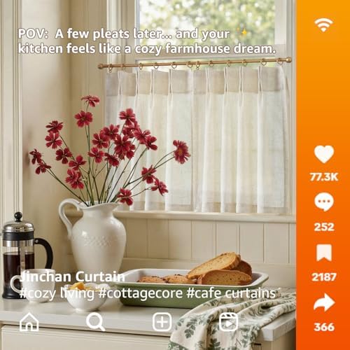 jinchan Linen Pinch Pleated Back Tab Tier Curtains, 26x20, Natural - Image 4