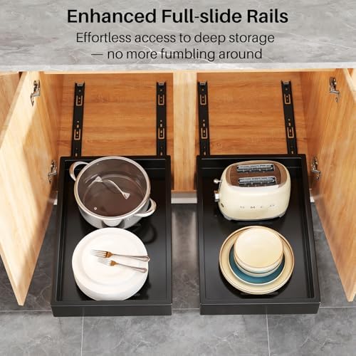Kitstorack 2Pack Pull out Cabinet Organizer, 21" Deep, Heavy Duty Full-extension Slide out Drawers for Kitchen Cabinet, Roll out Shelf Storage with Nano Adhesive for Pots, Bathroom, Pantry,Home,Black - Image 4