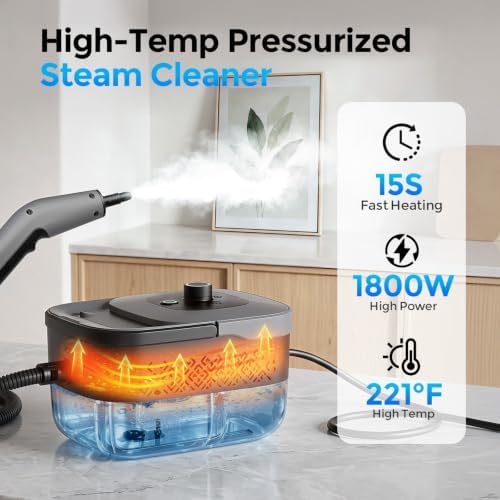Steam Cleaner, Portable Steam Cleaner for Home with 1800W High Pressure, 15s Heat-Up,1600ML Large Tank, Handheld Steam Cleaner for Cleaning Upholstery, Tile, Car, Bathroom, Grout, Floor - Image 3