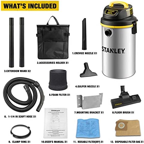 STANLEY Wet/Dry Vacuum SL18133，4.5 Gallon 4 Horsepower Wall-Mounted Hanging Vacuum with 26 Cleaning Range Stainless Steel Tank, Home/Garage/Upholster/Laundry Rooms Vacuum - Image 7