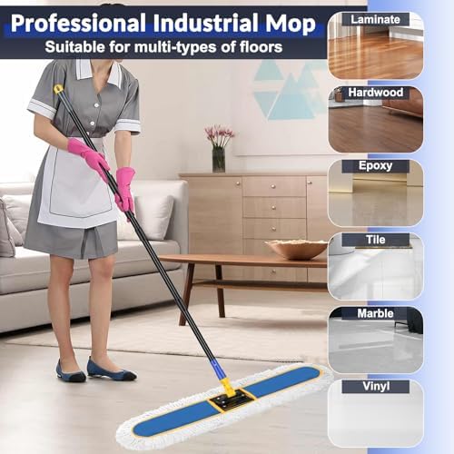 36" Commercial Industrial Dust Mop for Floor Cleaning with Replacement Mop Pads, Heavy Duty Wet Dry Large Mops for Cleaning Floor Office Garage Hardwood Warehouse Factory Mall (Blue, 36 inch mop) - Image 2