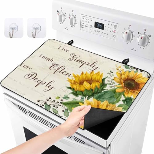 Vintage Sunflowers Stove Top Covers for Electric Stove, Farmhouse Floral Induction Cooktop Cover Protector, Rustic Botanical Range Mat for Glass Top Stove, Kitchen Countertop Dish Drying Mat, 24"x21" - Image 2