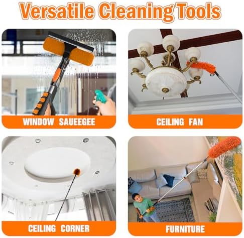 LAANPOLE 20FT High Reach Duster Cleaning Kit with Extension Pole, High Ceiling Fan Cleaner Duster Tool for Fan Blades, Window Washing Kit with Microfiber Feather Duster & Window Squeegee - Image 4