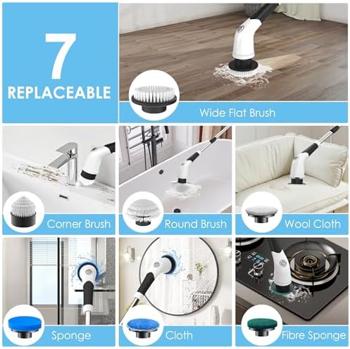 Electric Spin Scrubber, Cordless Cleaning Brush with 180 Min Runtime, 3-Speed, 7 Replaceable Brush Heads & Long Detachable Handle, LCD Display (RPM/Torque/Battery), for Bathroom, Kitchen, Tile - Image 5
