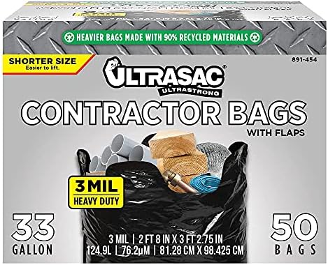 Ultrasac Contractor Trash Bags - (50 Pack/w Ties) - Heavy Duty 3 MIL Thick, 39" x 32", Shorter 33 Gallon Black Version - for Industrial, Commercial, Professional, Construction, Lawn, Leaf, and More by Ultrasac