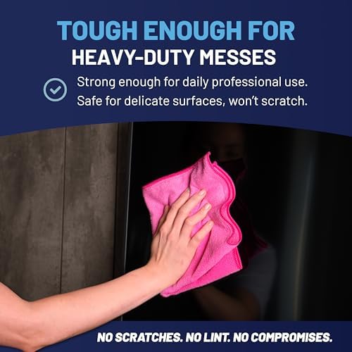 MW PRO Microfiber Cleaning Cloths Pink (12 Pack, 12x12) - Commercial Janitorial Towels & Lint Free Rags - Heavy Duty for Auto Detailing, Glass Windows, Housekeeping & Screens - Washable 300+ Times - Image 6