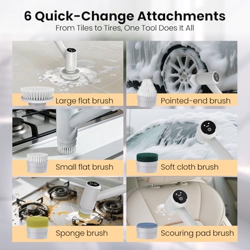 Electric Spin Scrubber – 5-Hour Battery, 6 Brush Heads, No Bending with 47" Extendable Handle, Cordless Power Scrubber for Bathroom Shower Bathtub Tile Kitchen Floor - Image 4
