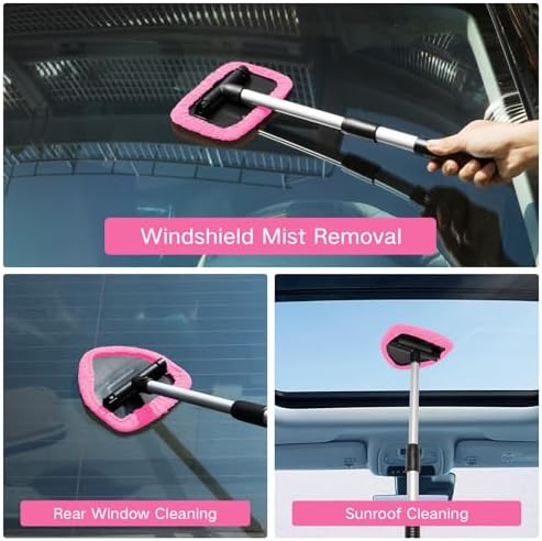 Qydipclin 10pcs Windshield Cleaner Tool, Car Window Cleaning Wash Kit with 4 Reusable Microfiber Pads 1 Spray Bottle and Extendable Handle Auto Glass Wiper Kit, Pink - Image 2