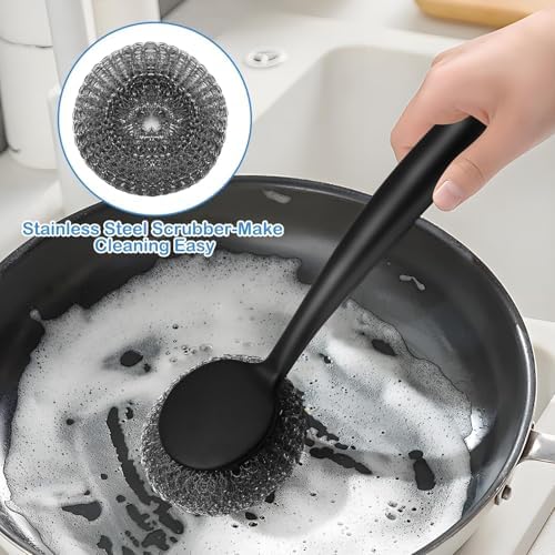 Scrubber with Handle Comes with Three Replacement Balls Steel Wool, Short Handle Scrubber, Steel Wool Scrubber Supplies Dish Scrubber, Stainless Steel Scrubber Tool Metal Scrubber for Dishes - Image 3
